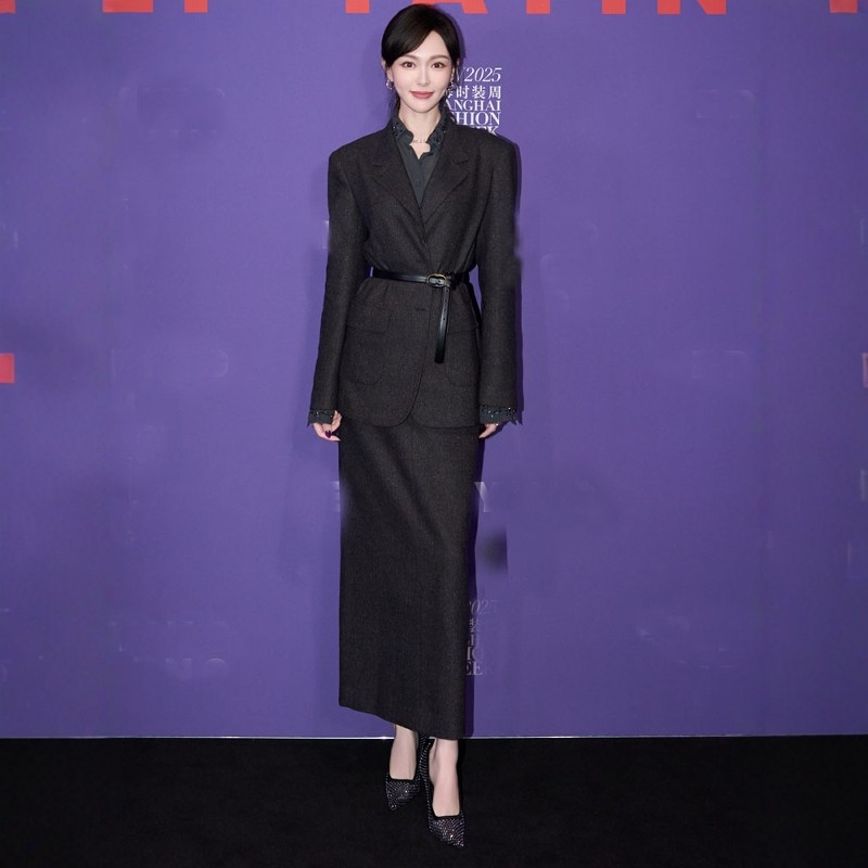 高端定制唐嫣同款黑色人字纹羊毛西装套装裙女修身长款老钱风时髦