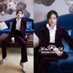 职业干练时尚 套装 酒红色真丝丝绒西装 高级成衣定制明星万茜同款