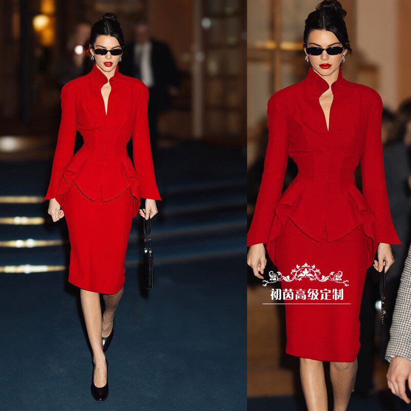 肯豆同款红色立领时尚套装裙女掐腰显瘦西装复古大牌优雅街拍摩登