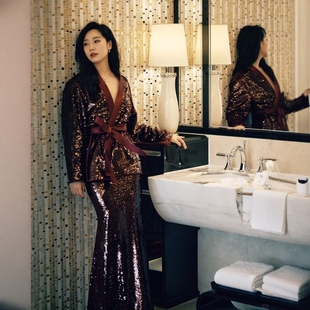 礼服 套装 高端定制明星同款 酒红色亮片改良汉服外套鱼尾半裙新中式