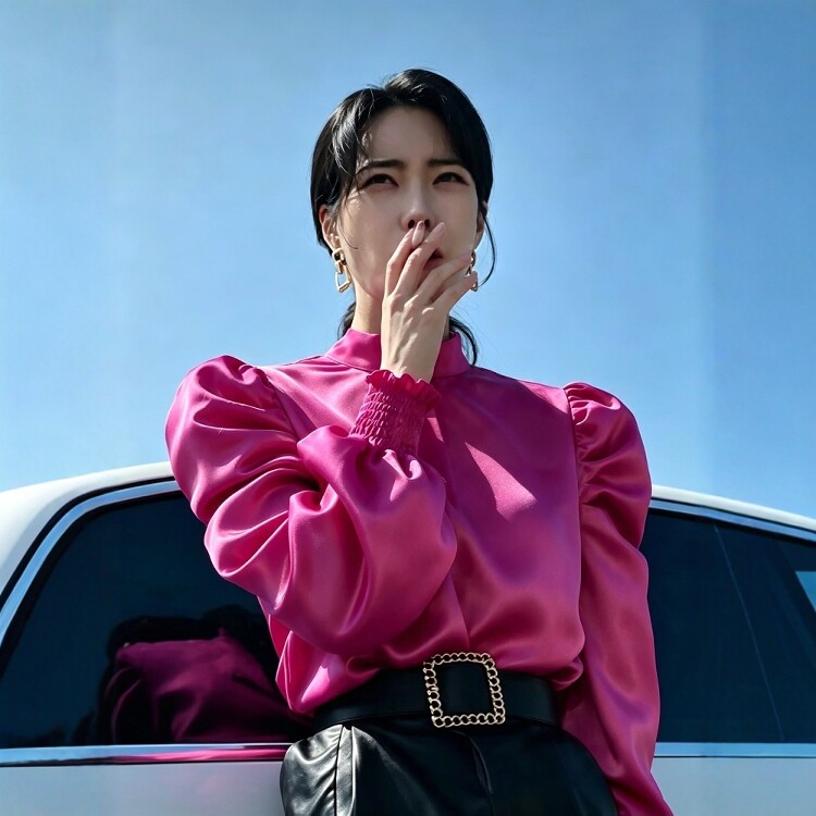 高级定制韩国明星同款妍珍玫红色真丝衬衫女泡泡袖丝绸上衣OL时尚