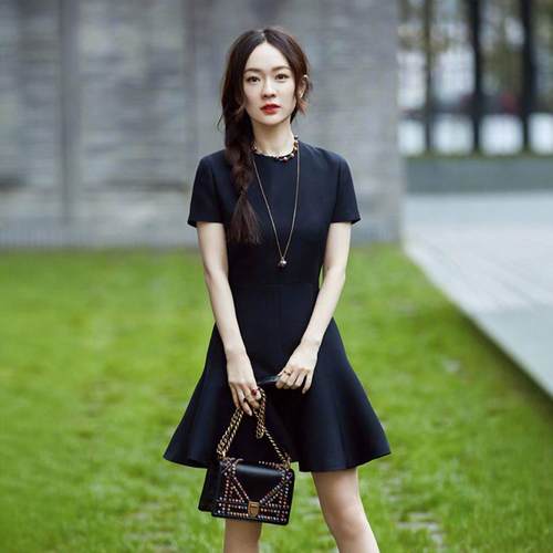 霍思燕明星同款夏季圆领小黑裙