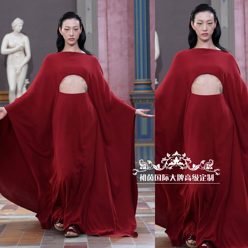 高端定制奢华大牌酒红色礼服裙女宴会年会宴会驼色性感大气春秋新