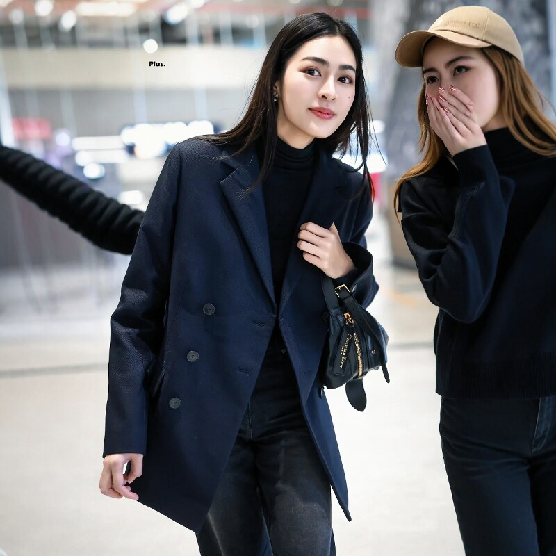 高级定制明星同款藏青色羊毛西装外套女中长款宽松版通勤OL日常春