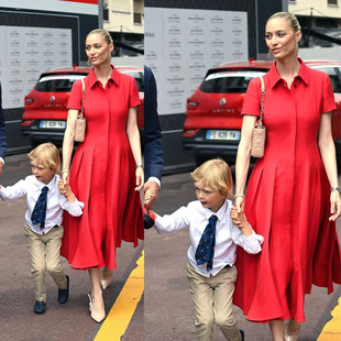 連衣裙女修身 2025夏季 王妃同款 紅色絲毛襯衫 大擺裙優(yōu)雅氣質名媛裙