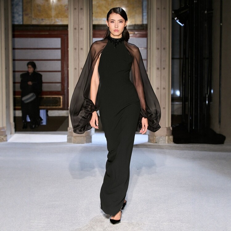 高级定制黑色灯笼袖修身礼服裙长款优雅拼接轻奢宴会连衣裙显瘦