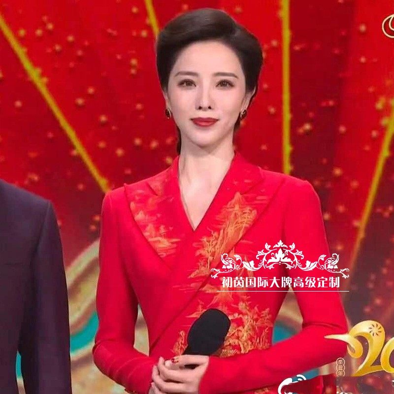高级定制春晚主持人李思思同款红色西装鱼尾连衣裙礼服裙长款修身
