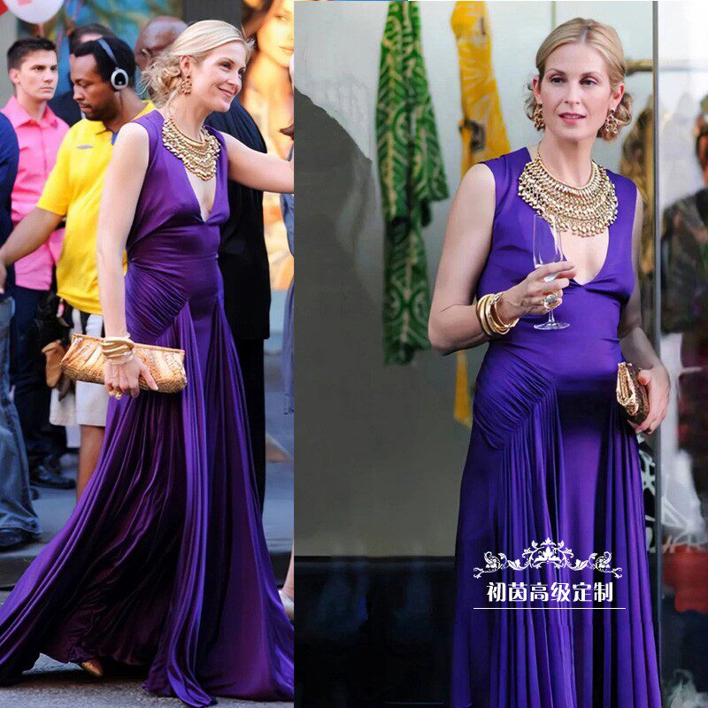 《绯闻女孩》Lily同款紫色真丝礼服裙女长款V领褶皱大摆优雅高贵