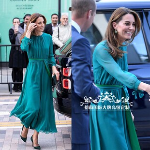 高端定制欧美大气凯特王妃同款湖绿色薄真丝褶皱大摆连衣裙女长款