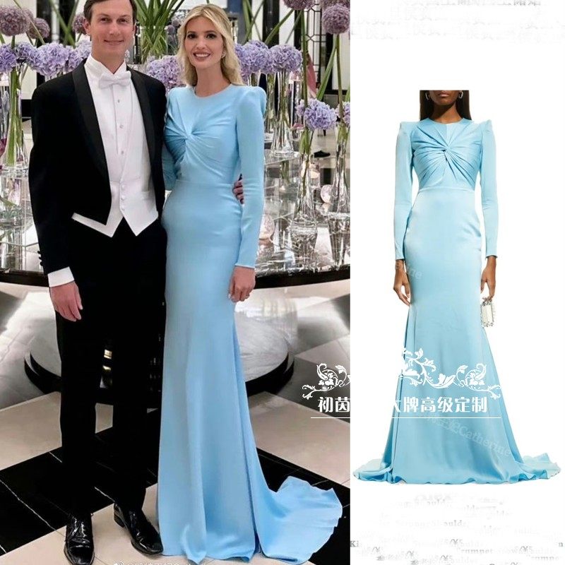 高级成衣定制伊万卡同款浅蓝色褶皱鱼尾礼服裙女长款修身显瘦时尚