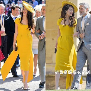 高级定制amal clooney同款明黄色连衣裙女中长款修身优雅名媛淑女