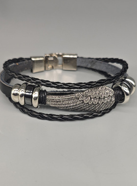 网红男欧美朋克风编织皮革手链天使翅膀羽毛皮革手环网红