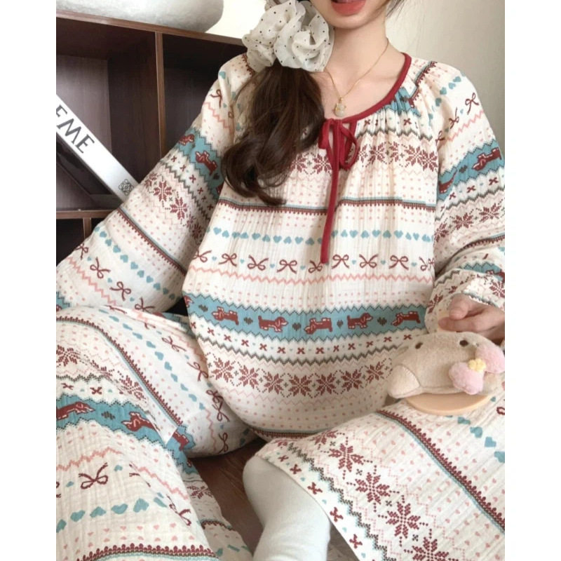 撤柜韩版复古风睡衣女季甜美薄款长袖长裤宽松家居服套装外贸