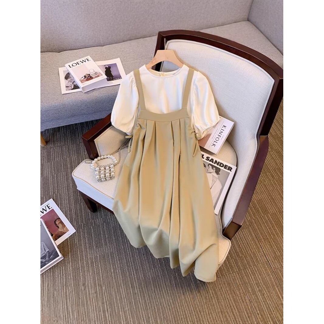 进口女童洋气秋装薄款连衣裙新款中大童韩版短袖拼接收腰显瘦长裙