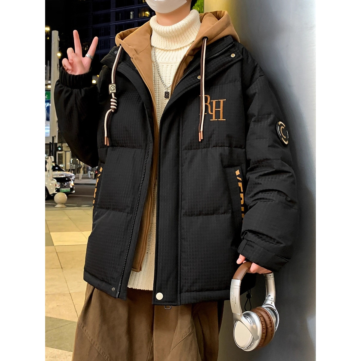 大牌高端假两件羽绒服男季加厚潮牌鸭绒外套男连帽宽松休闲青少年