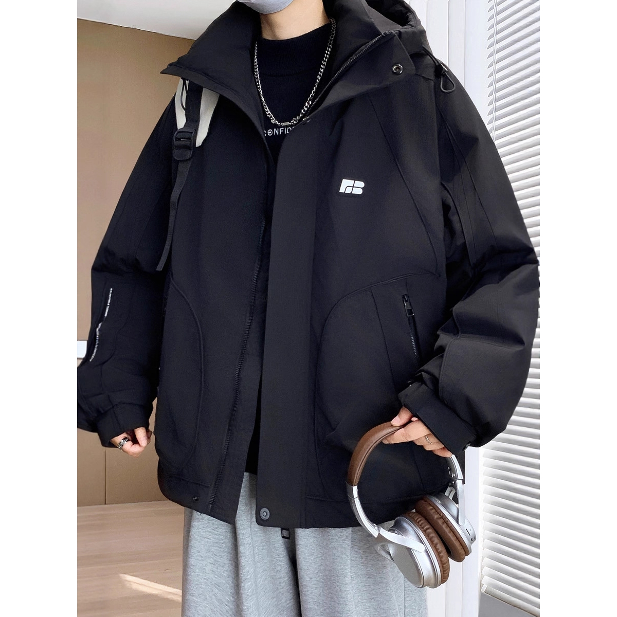 大牌高端潮牌连帽白鸭绒羽绒服男季拼接防风户外工装冲锋衣外套装