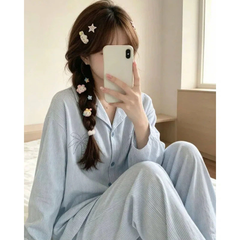 撤柜网红风睡衣女款季韩版甜美条纹长袖长裤宽松家居服套装可外穿