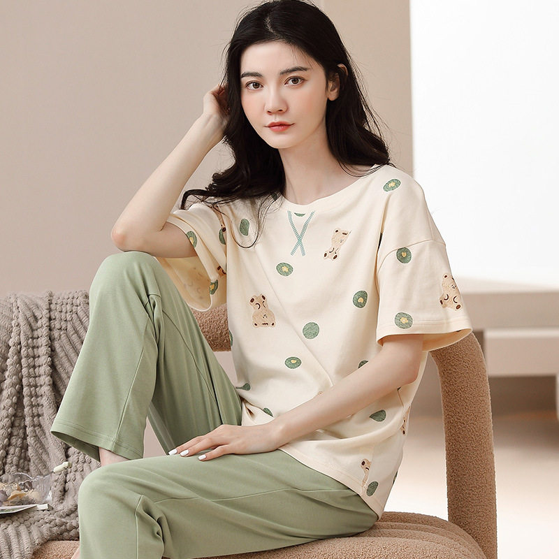 德国棉睡衣女款短袖长裤纯棉夏季薄款全棉圆领夏外穿家居服套装