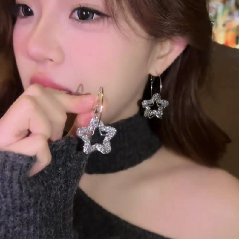 德国韩式精美个性超闪五角星耳圈创意设计感一款两戴甜酷辣妹风耳