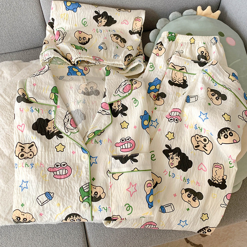 德国日系蜡笔小新纯棉纱布睡衣女款夏季短袖卡通学生可爱三件套家