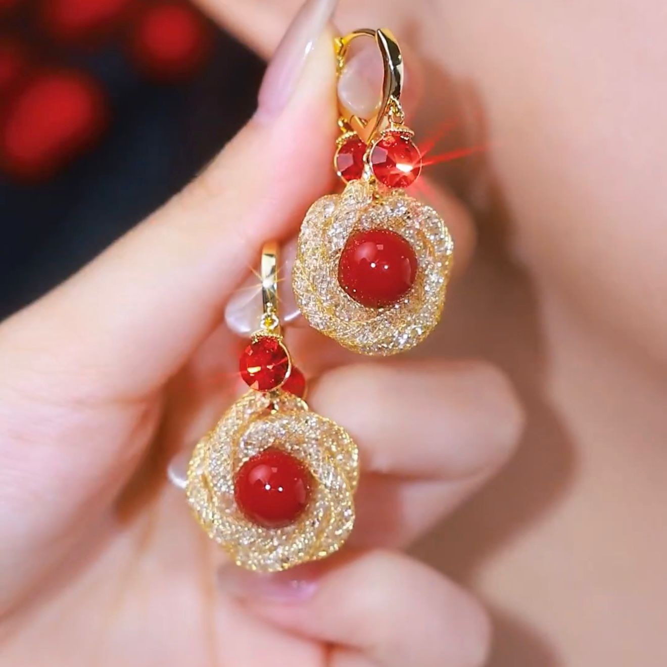 德国红珍珠醉美人网状耳扣耳环女设计感网红百搭耳饰新款气质饰品