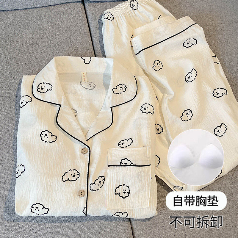 德国长袖带胸垫睡衣女款夏季韩版ins可爱小狗纯棉纱布家居服套装