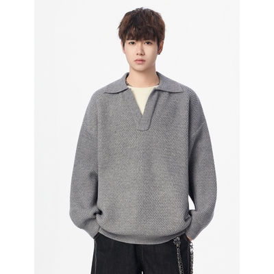 大牌高端青少年学生半开领简约风翻领假两件针织衫男宽松百搭慵懒