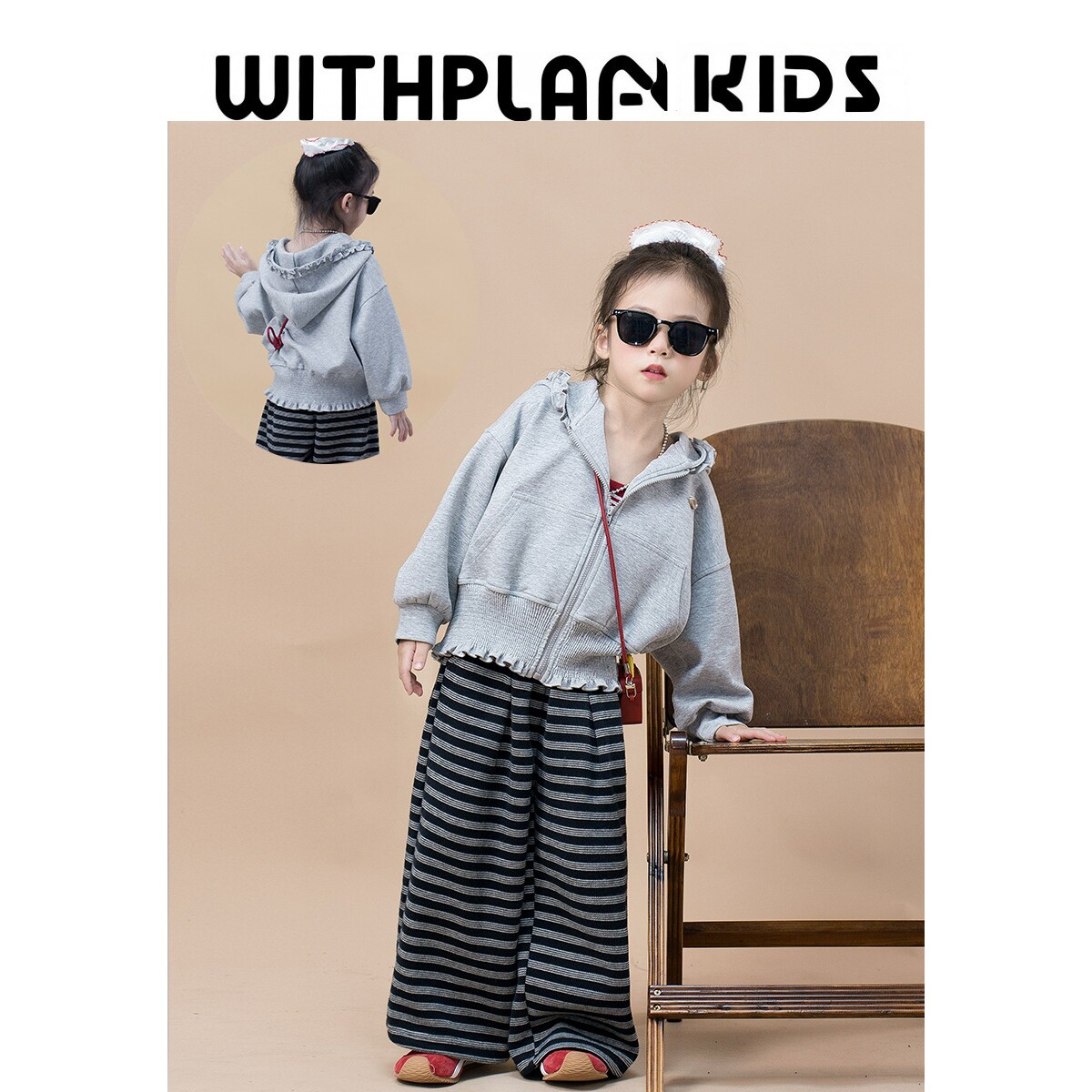 进口现货装女童休闲外套新款儿童连帽花边拉链卫衣洋气开衫