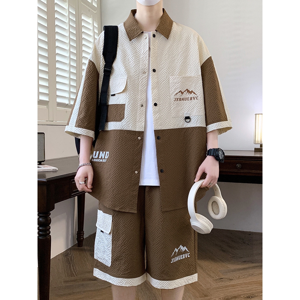 今年潮牌冰丝套装男夏季新款潮牌短袖衬衫搭配一套帅气衣服休闲运