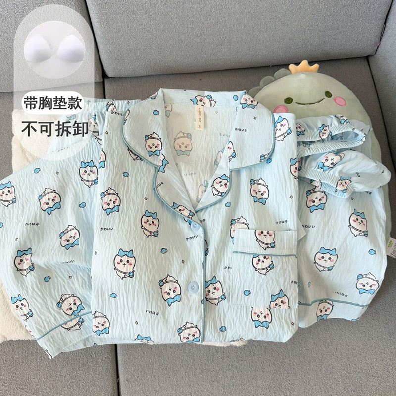 德国带胸垫小八睡衣女款新款夏季纯棉纱布短袖可爱吉伊三件套