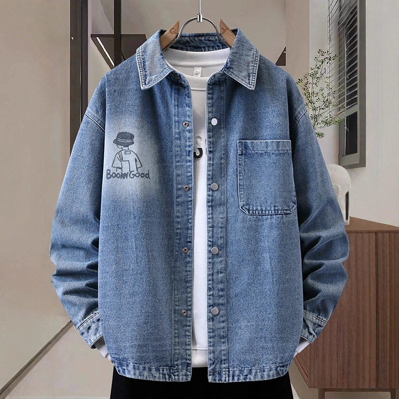 明星同款牛仔外套男孩潮流初高中学生动漫印花简约夹克水洗翻领上