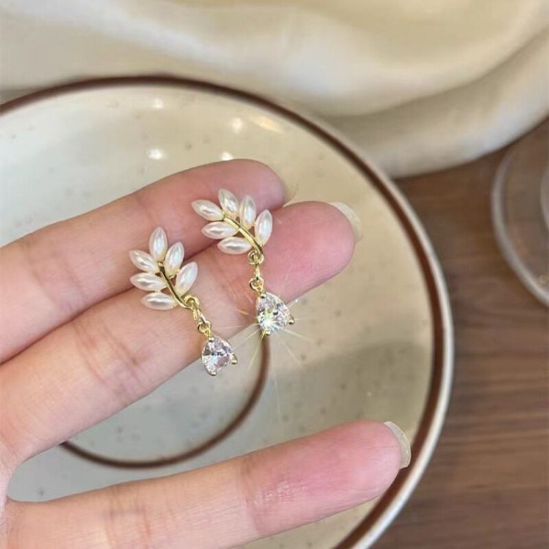 德国法式树叶珍珠水滴锆石耳环女轻奢高级感百搭耳钉小巧气质精致