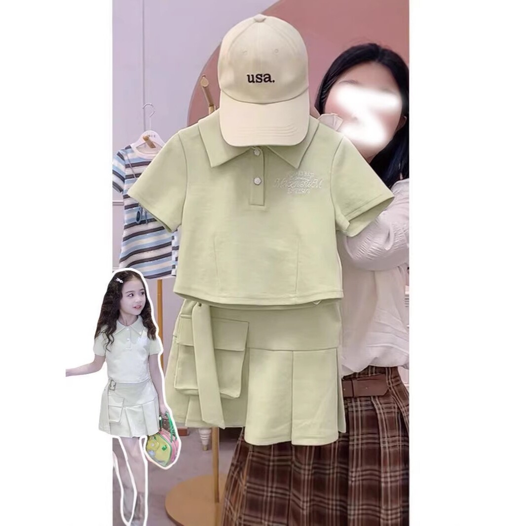 进口女童秋装POLO衫短裙两件套新款中大童翻领短袖上衣百褶裙套装
