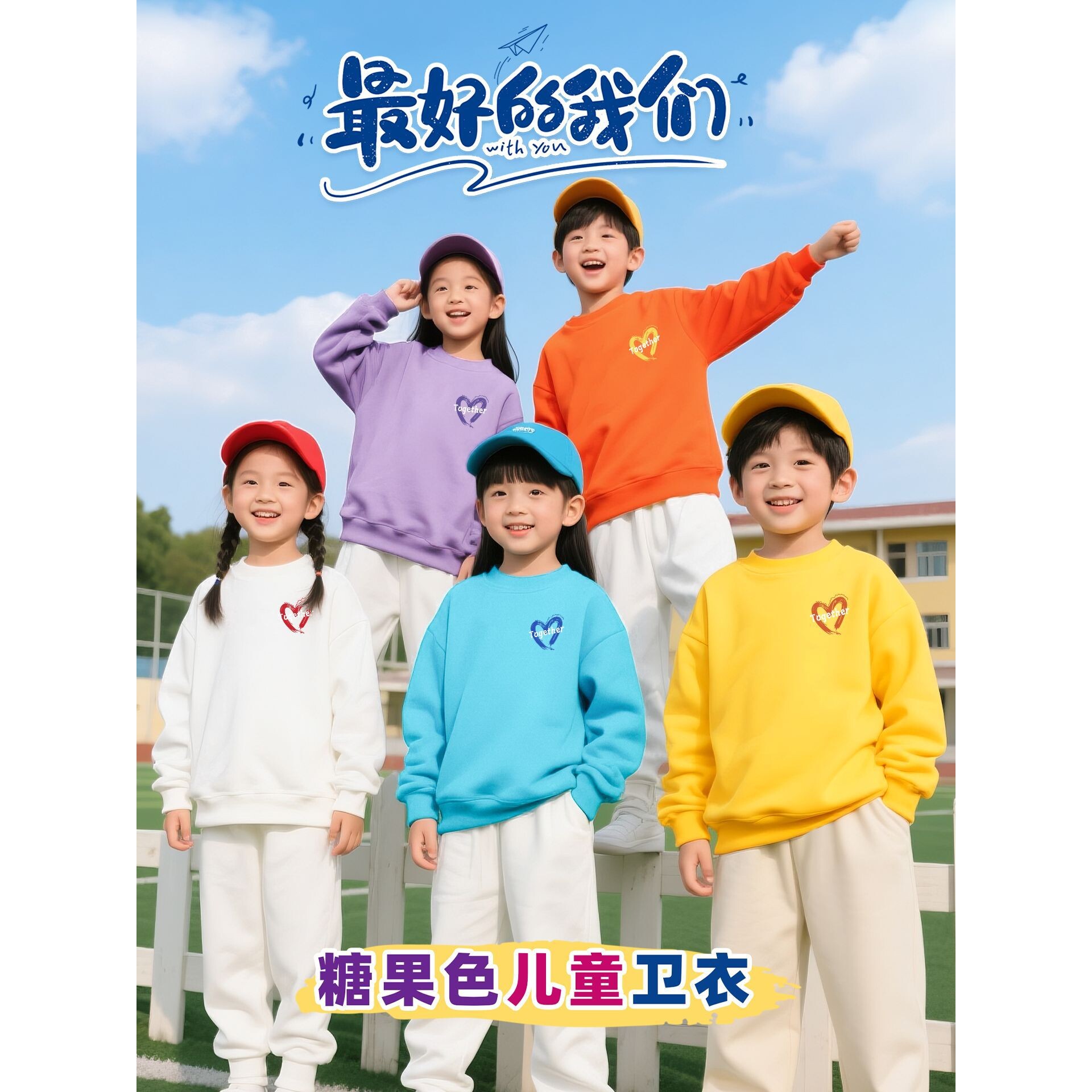 进口前后印花爱心创意班服糖果色儿童华棉卫衣幼儿园亲子活动服装