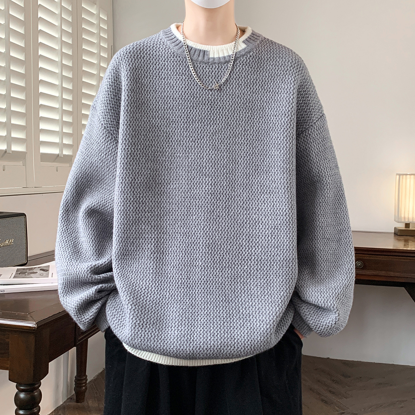 明星同款假两件圆领毛衣男生青少年初中高中学生加厚内搭针织打底