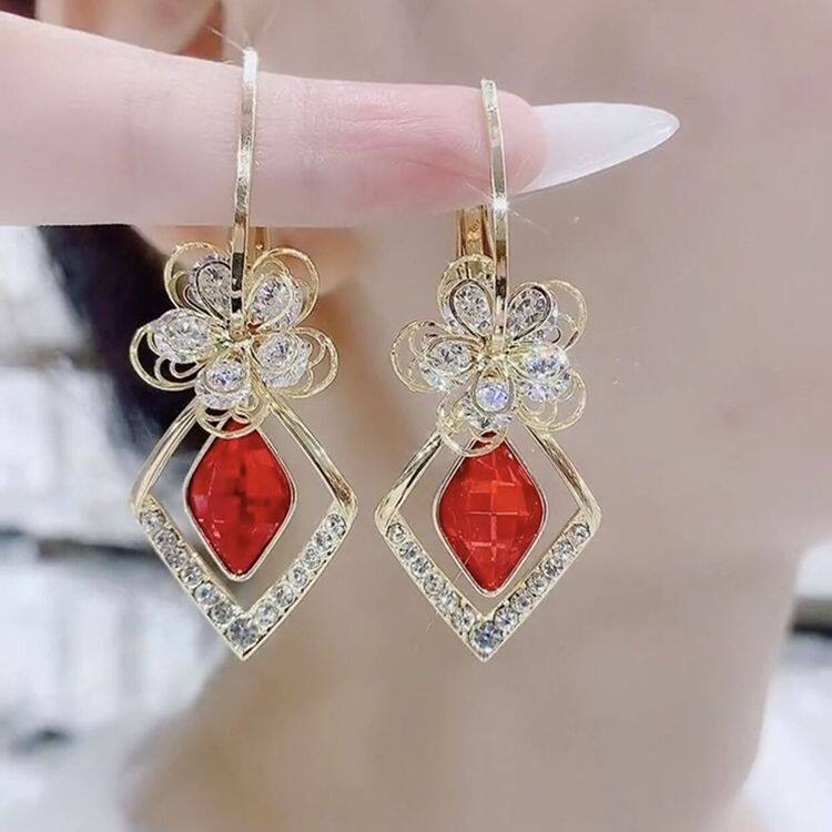 撤柜法式优雅几何菱形花朵耳环欧美高级感时尚轻奢个性镶钻百搭耳