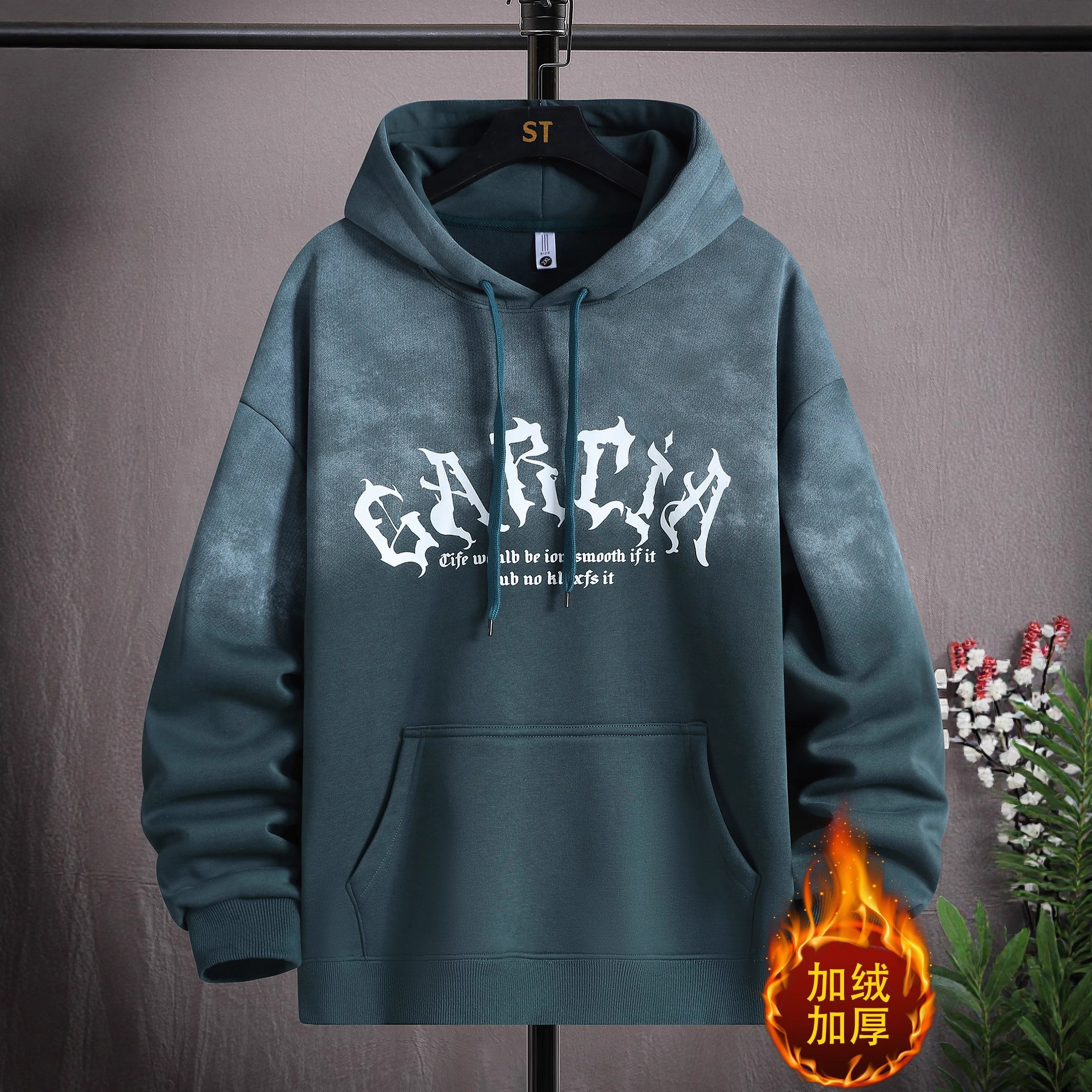 明星同款新款连帽卫衣男孩初中学生加绒加厚青少年外套大童保暖上