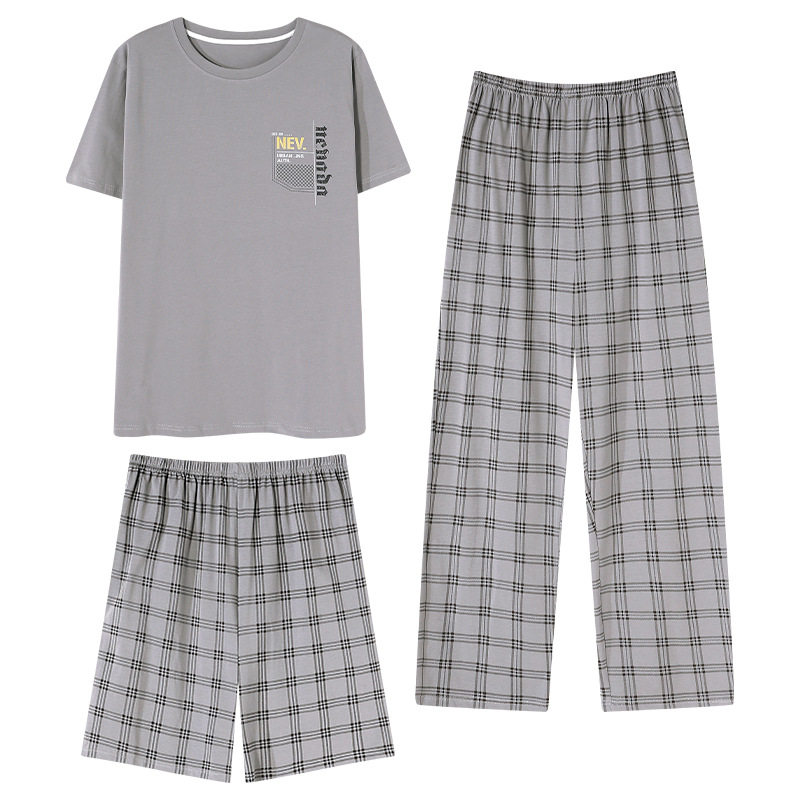 德国棉睡衣男三件套纯棉夏季短袖短裤长裤夏天空调房家居服套装