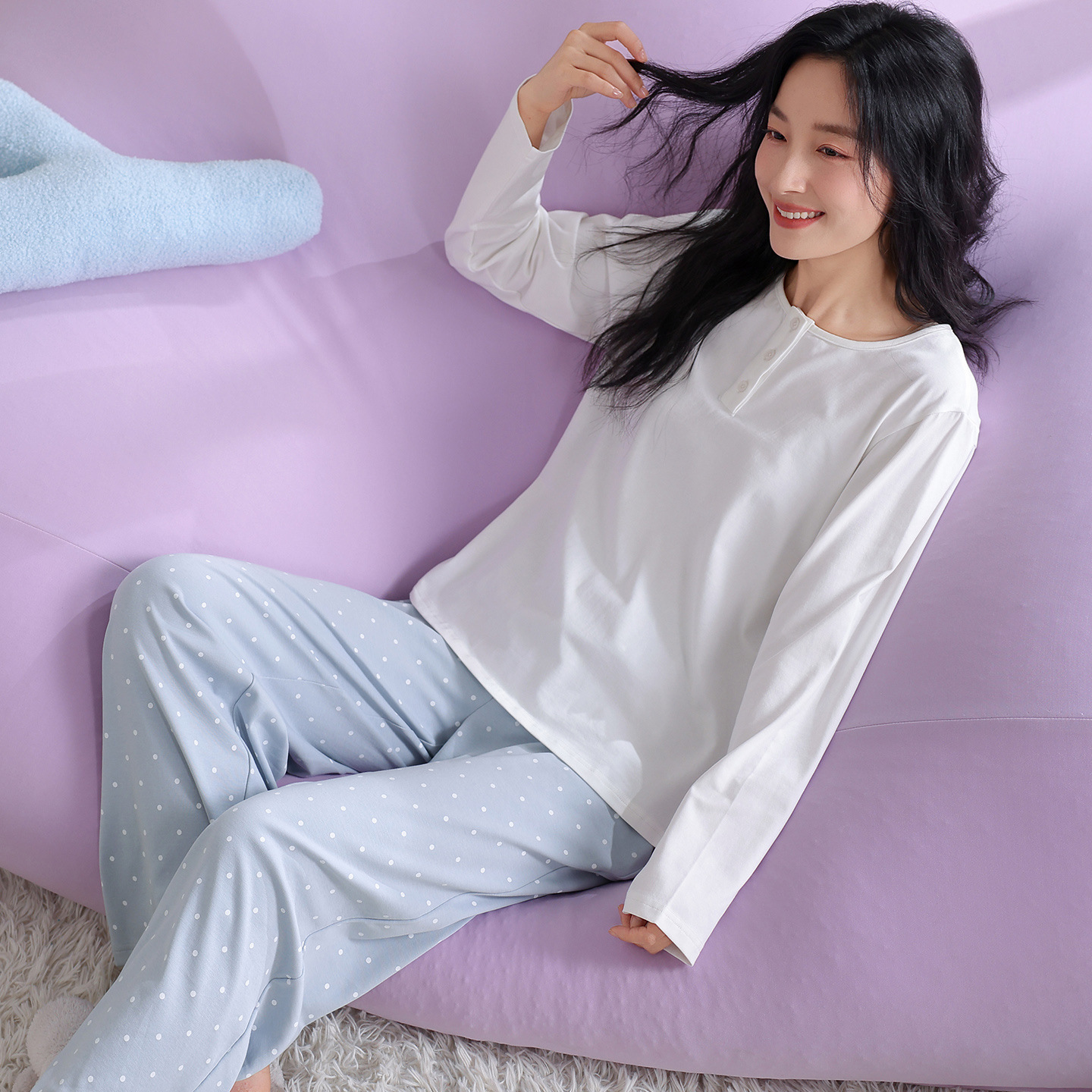 个性新品睡衣女长袖长裤纯棉女士休闲优雅全棉家居服带胸垫居家两