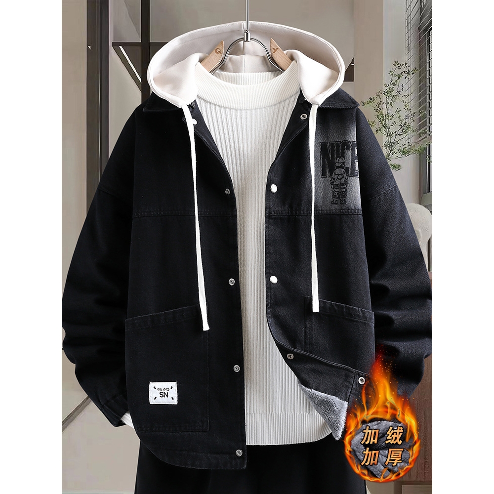 大牌高端青少年牛仔外套男孩加绒加厚初高中学生大童夹克棉衣男装