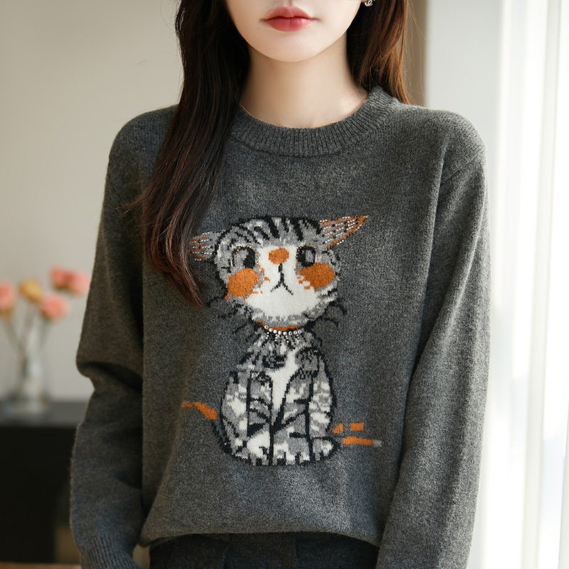 进口法式卡通猫咪图案圆领针织衫女灰色长袖加厚保暖打底毛衣可爱