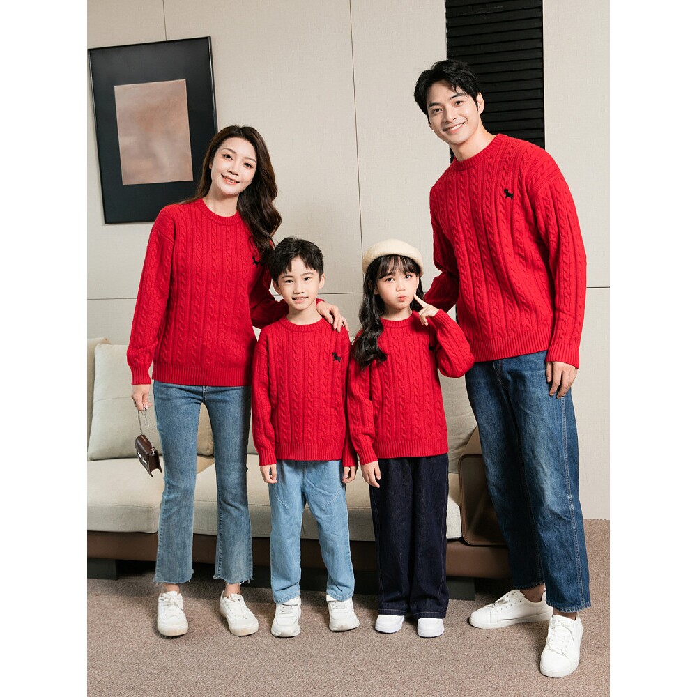 进口新款喜庆红色亲子装毛衣小狗麻花加厚款百搭圆领针织衫家庭装