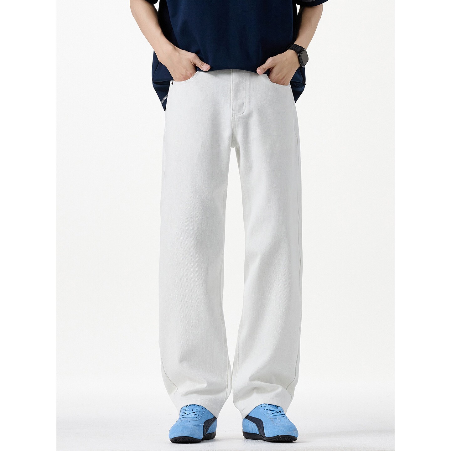 进口白色牛仔裤男宽松直筒潮牌美式高街休闲百搭垂感宽松长裤