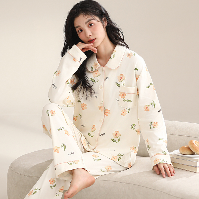 个性新品睡衣女纯棉韩版长袖长裤开衫宽松套装年新款休闲家居服