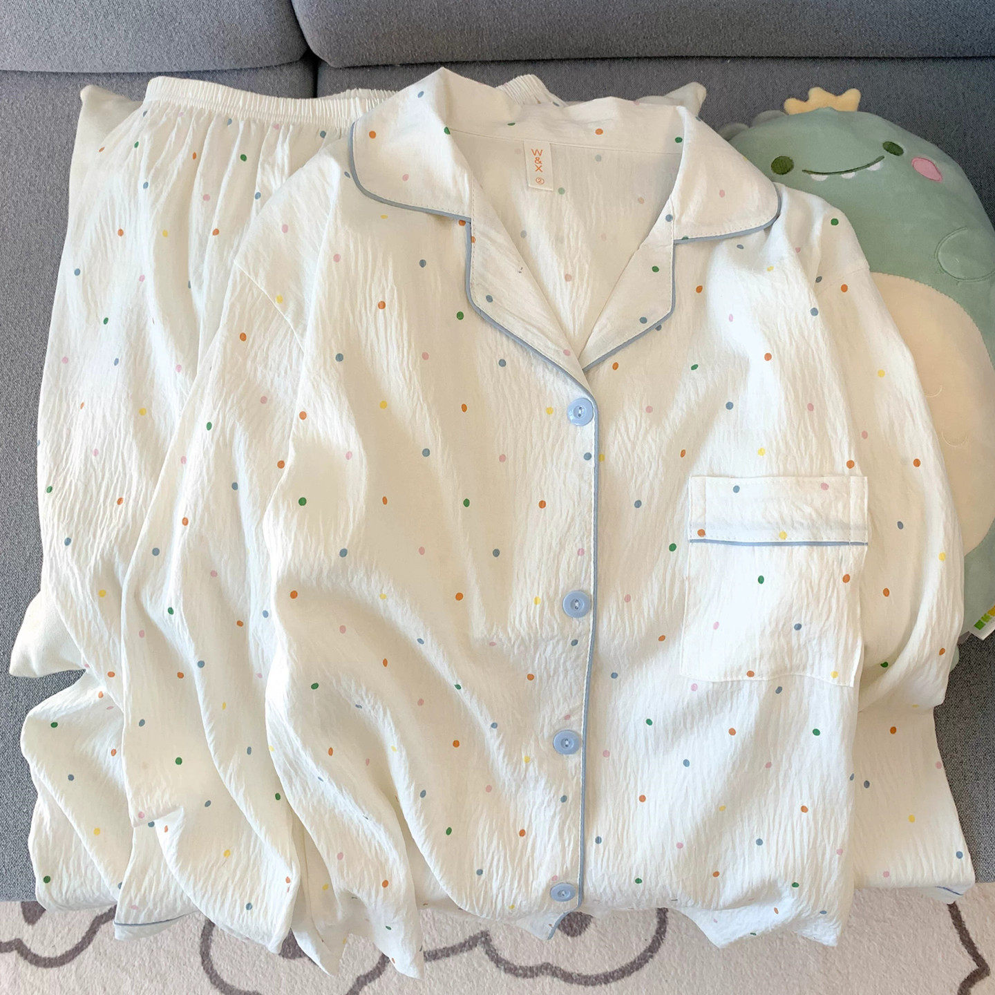 撤柜奶乎乎圆点睡衣女款夏季云朵纯棉纱布长袖可爱大码宽松家居服
