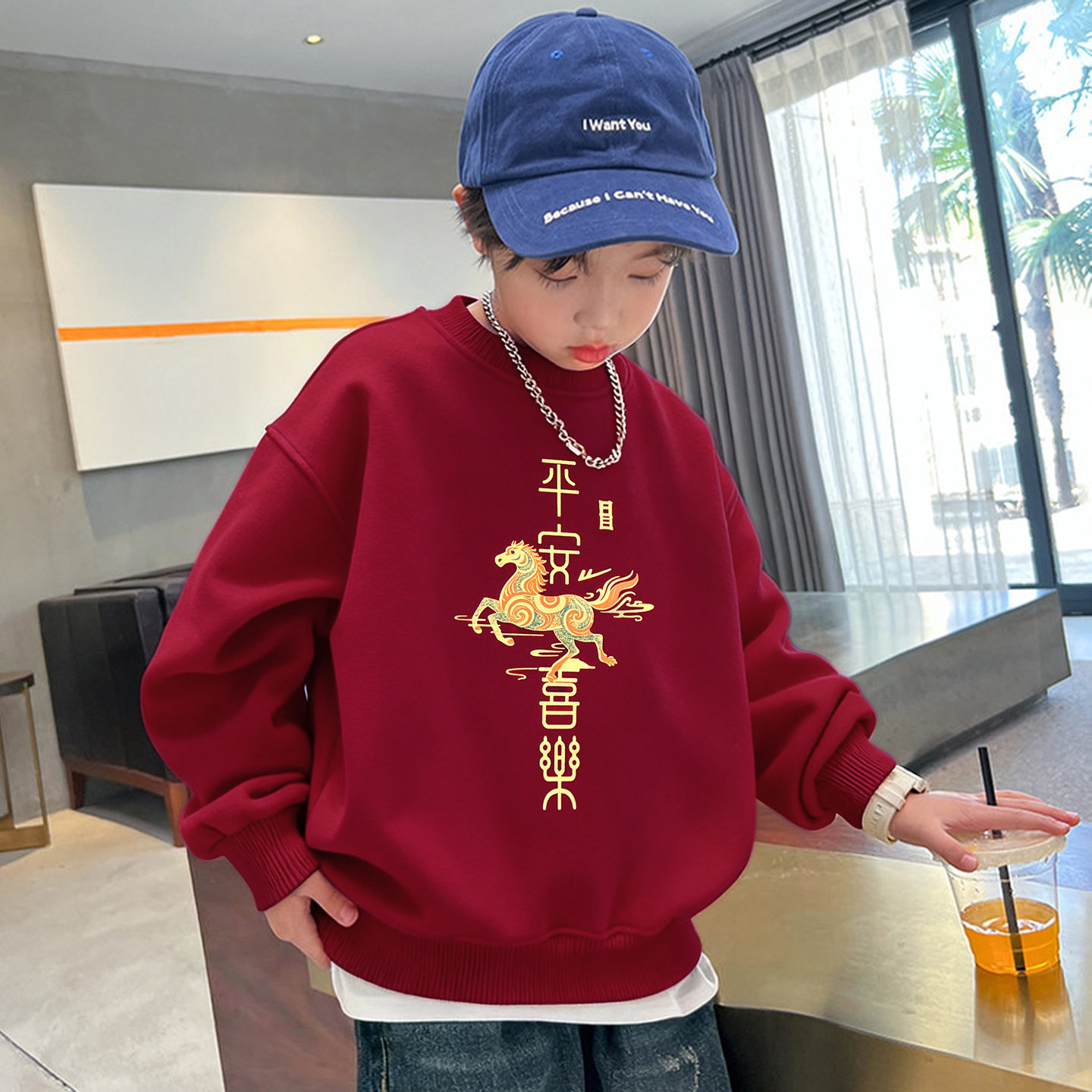 进口儿童装男童季加绒红色卫衣新款大童款本命新年马年衣服