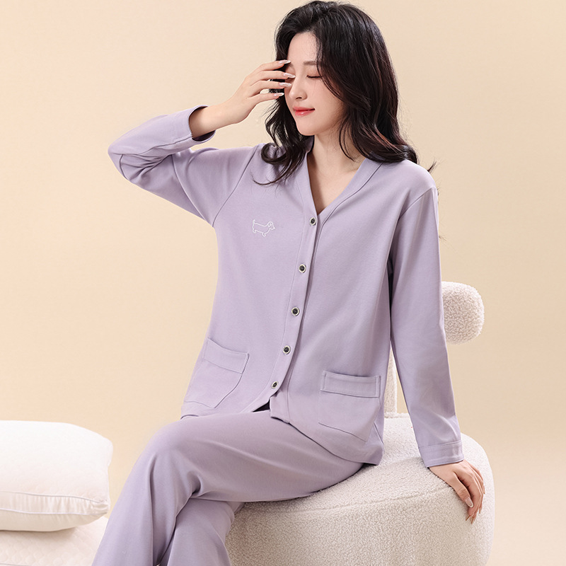 个性新品长袖长裤纯棉女士睡衣大码套装家居服两件套全棉开衫套装