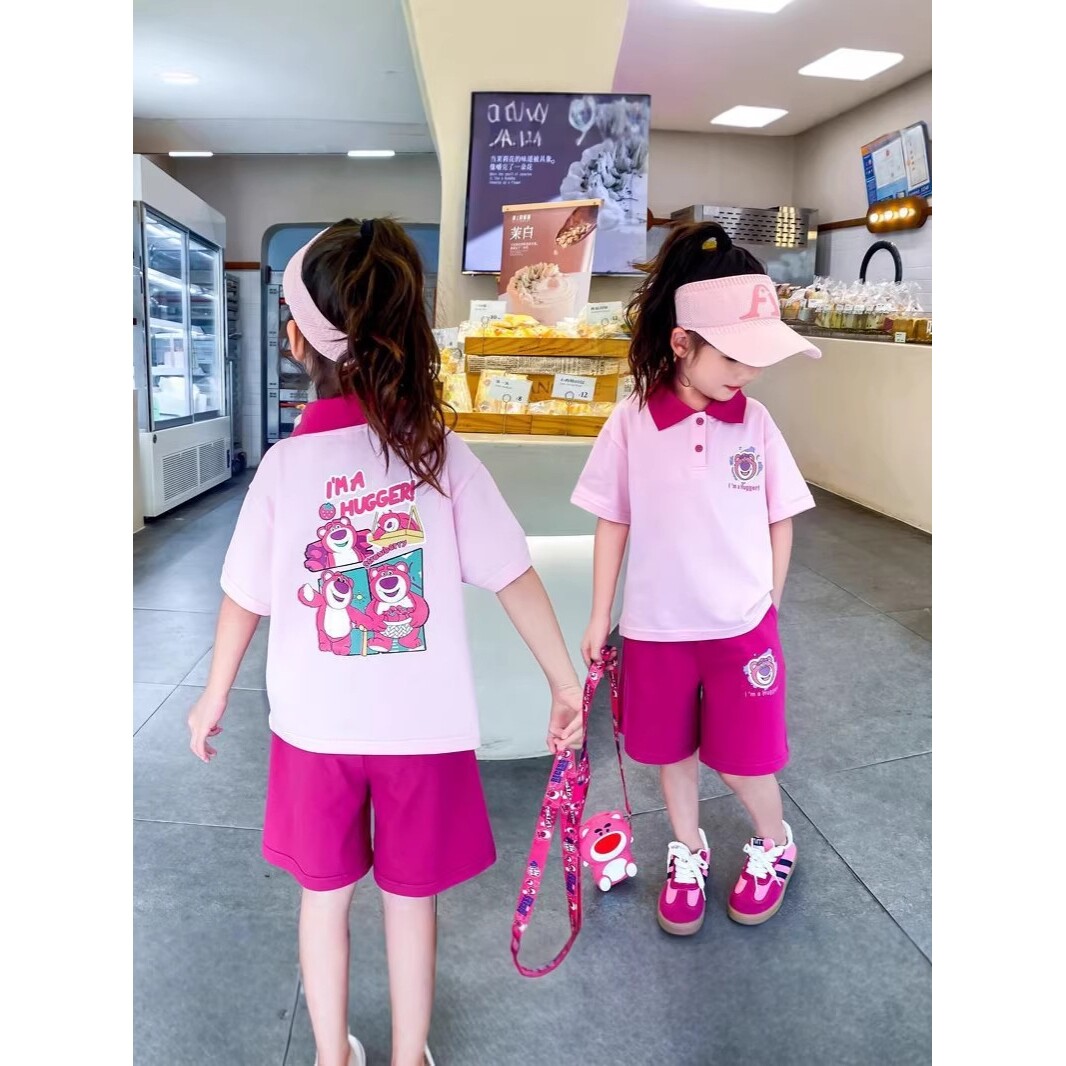 进口女童秋季卡通POLO衫短裤两件套新款中大童薄款T恤五分裤套装