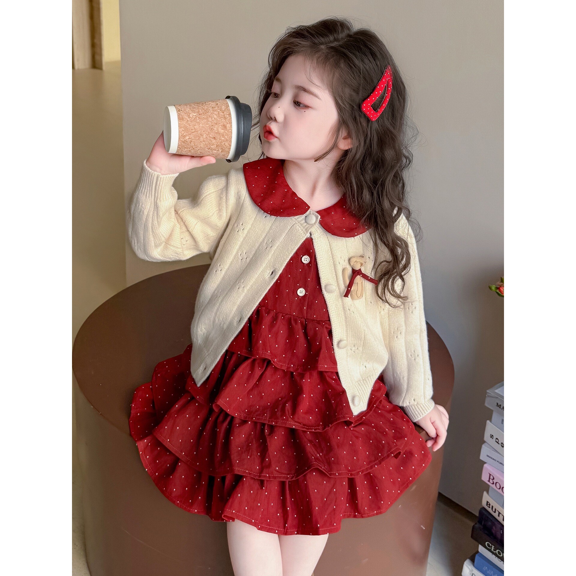 进口女童款针织开衫蛋糕裙两件套新款小香风背心连衣裙童装