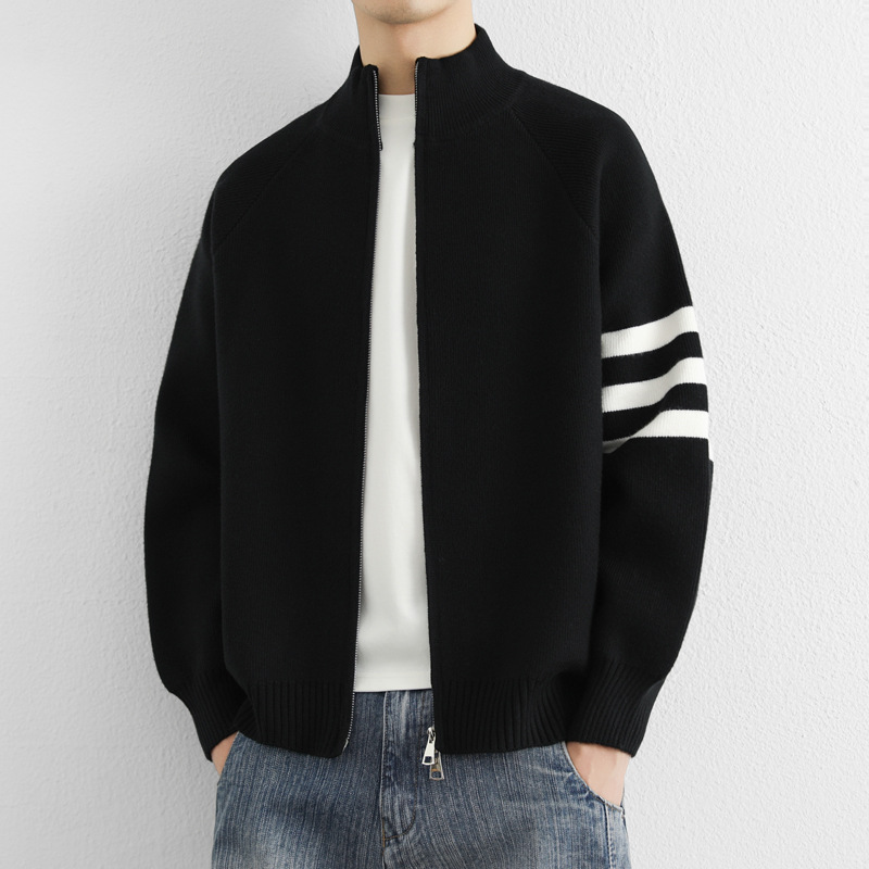 明星同款立领毛衣开衫男新款潮流韩版条纹针织衫青少年加厚外套